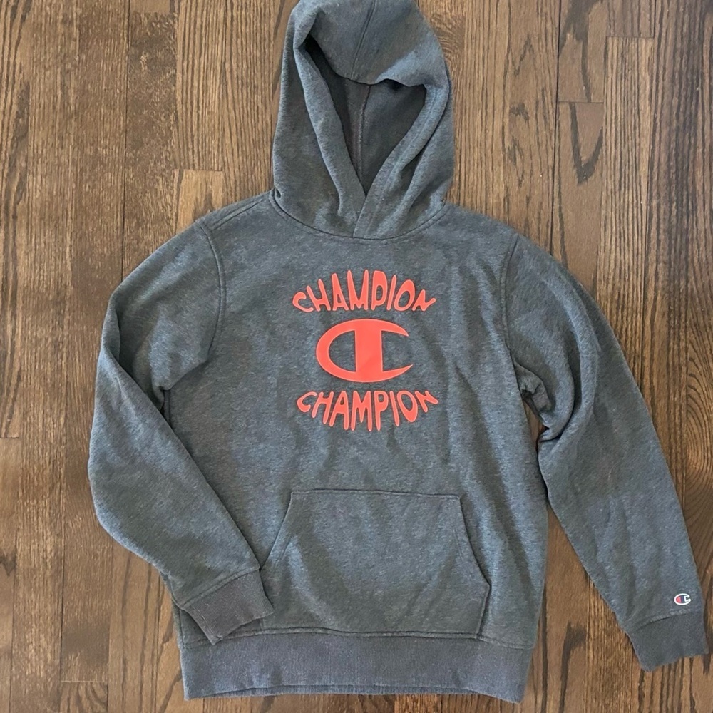 Champion Gray Hoodie with Red Logo